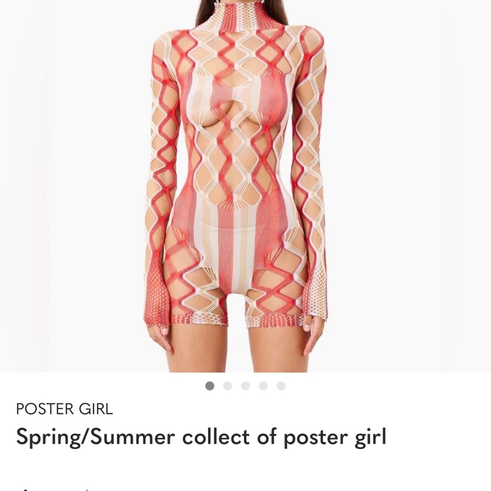 POSTER GIRL Coral and Cream Cutout Sheer Knit Romper